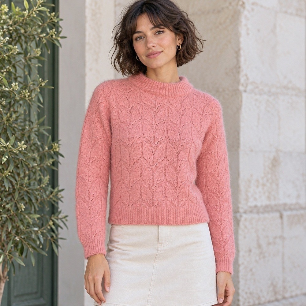 Nordstrom Pink Angora Silk Wool Pointelle Sweater Small Preppy Quiet Luxury Chic